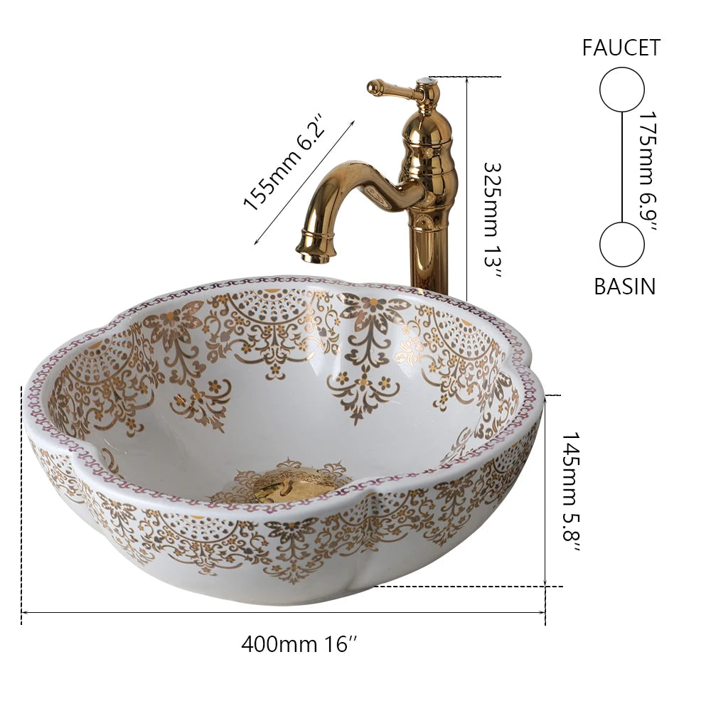 ZAPPO Above Counter Ceramic Vessel Sink For Bathroom Round Petal Shaped Flower & Bird Pattern Wash Basin Bowl Sinks With Faucet