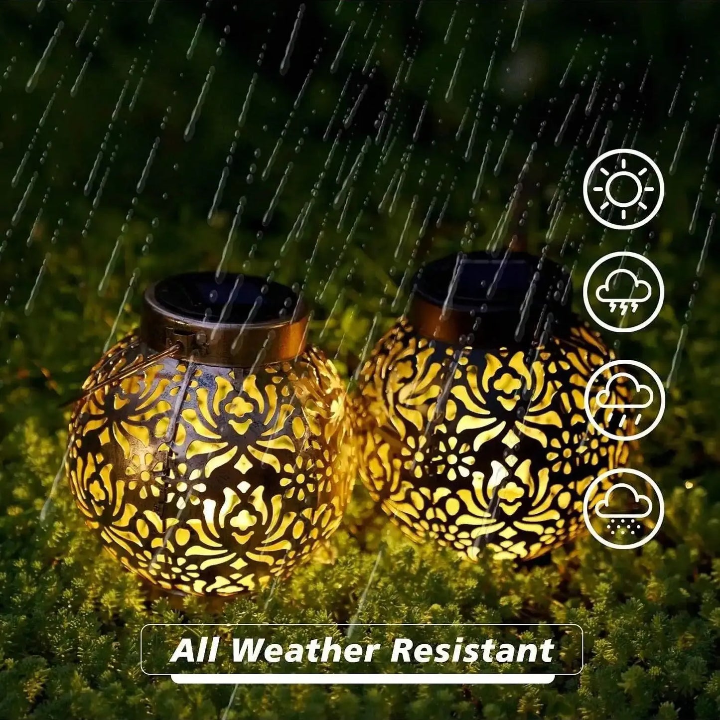 LED Outdoor Solar Hanging Lantern Lights Waterproof Tabletop Solar Lights with Handle Moroccan Lanterns Metal Decorative Garden