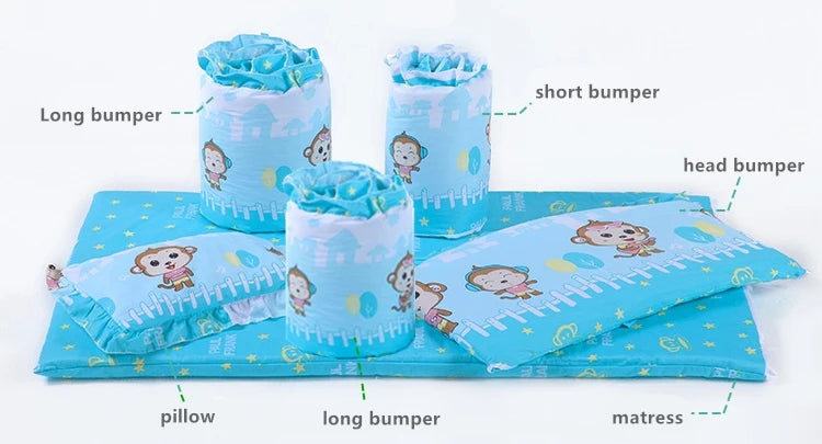 6pcs Cushion Cot Bumpers Baby Bed Bedding Kit Crib Bedding Cotton Removable Washable Include(4Bumpers+Matress+Pillow)