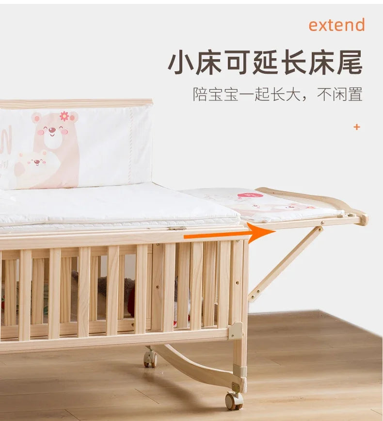 Baby Crib Multifunctional BB Baby Crib Solid Wood Unpainted Cradle Bed Movable Newborn Children Splicing Large Bed