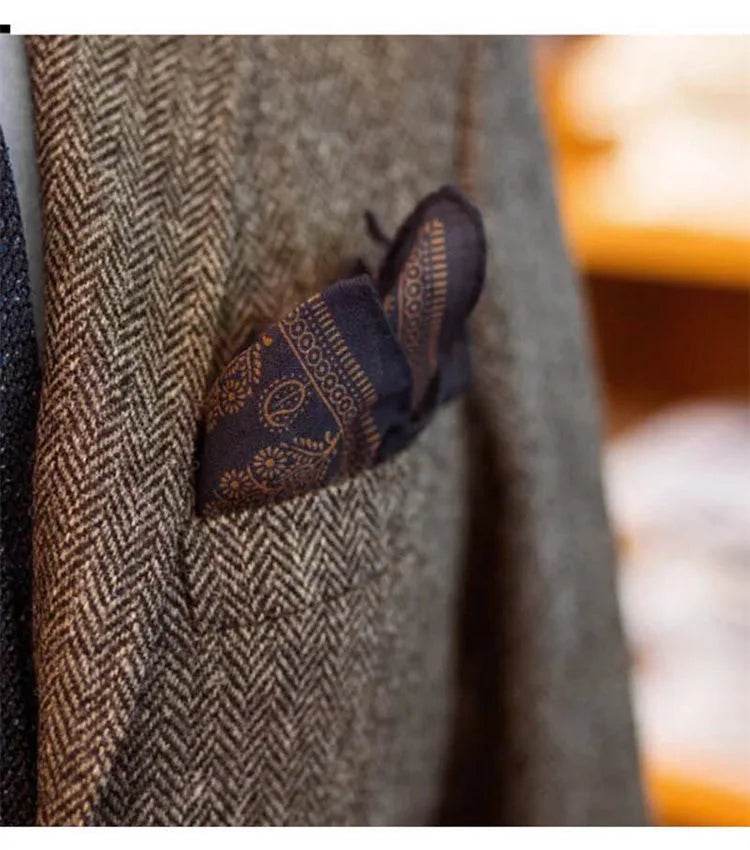 Men's Suit Brown Blazer Prom Tuxedos Herringbone Wool Tweed Single Breasted Formal Bussiness Jacket for Wedding（Only Coat） - AIAZ