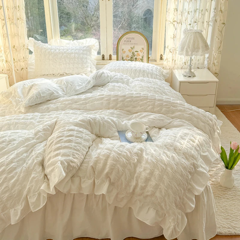 Korean Princess Style Lace Ruffles Bedding Set Skin-friendly Soft Seersucker Duvet Cover Set Bed Sheet Or Bed Skirt Pillowcases
