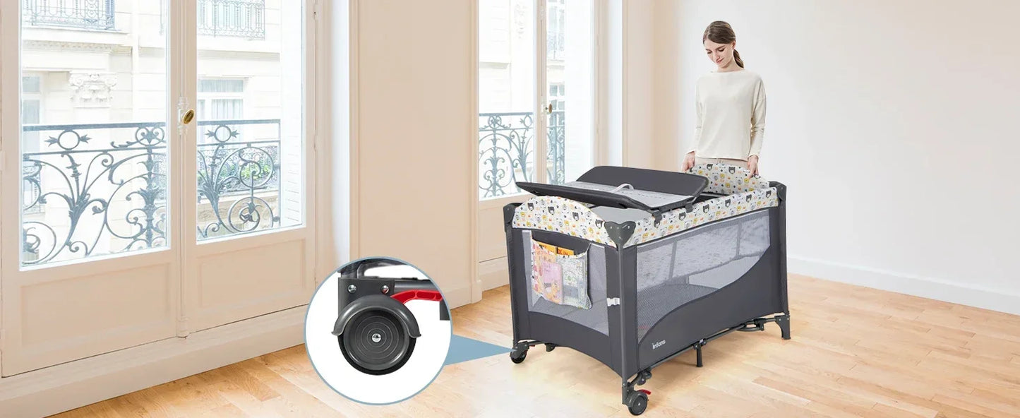 Multifunctional Baby Crib - Convertible Foldable Bed with Detachable Changing Table, Portable Co-Sleeper for Infants