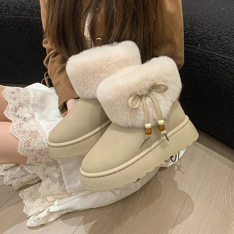 Large size women's shoes Icelandic snow boots women's winter plush cute cream short tube warm fluffy boots cotton shoes
