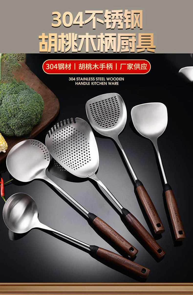 304 Stainless Steel Kitchenware Household Anti-scald Walnut Handle Cooking Spatula Set