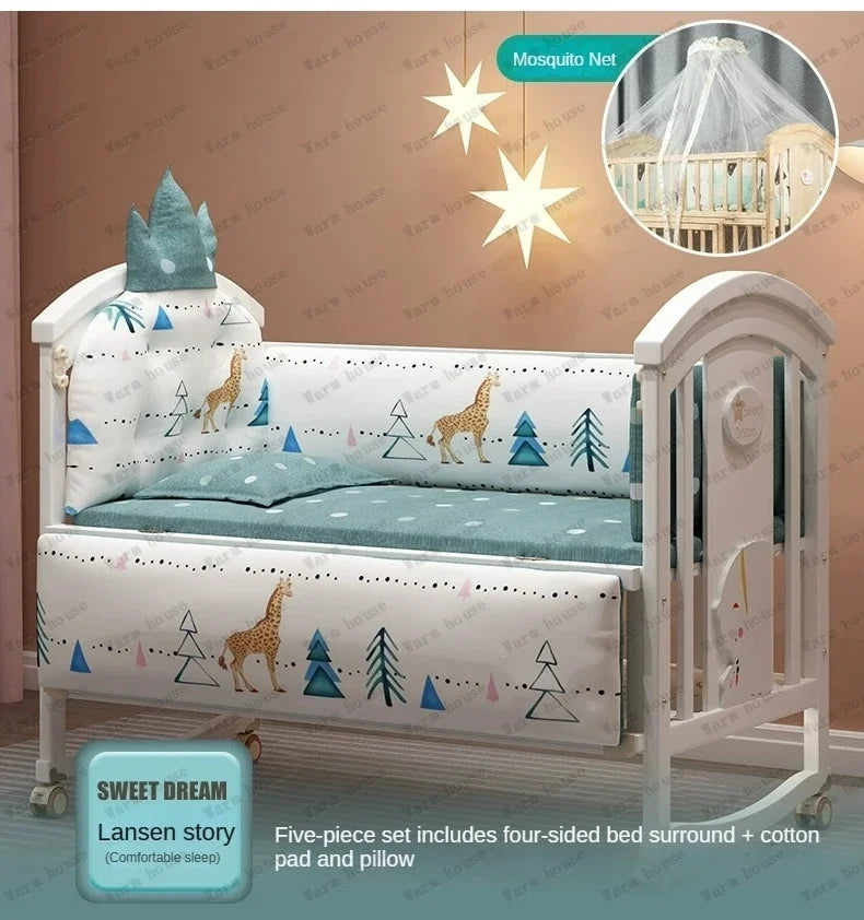 Solid wood spliced crib Multifunctional European style children's bed Movable newborn cradle large bed Baby Rest Chair