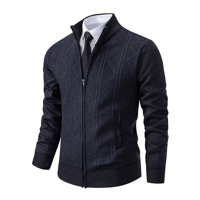 Thickened jacket men's autumn and winter warm trend line stand collar knitted cardigan sweater coat - AIAZ