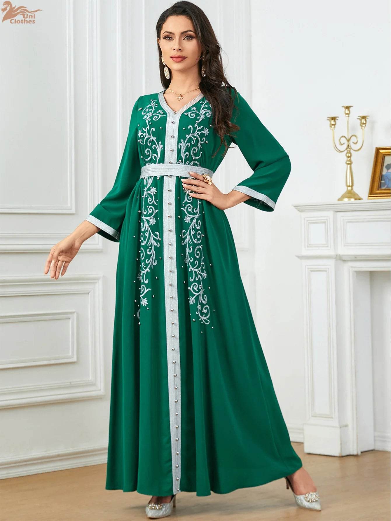 Muslim Fashion Beading Ebroidered Print V-neck long-sleeved Dress Moroccan Islamic Dress With Belt Elegant Party Dress - AIAZ