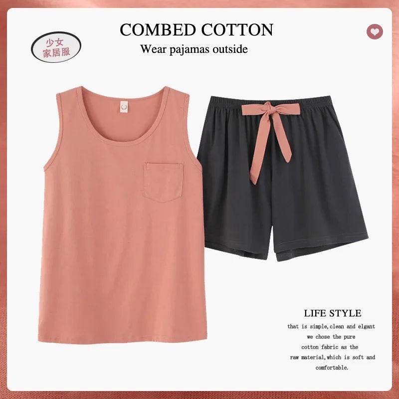 New women's pajamas set summer Cotton solid color top print shorts sleepwear Korean kawaii home clothes pijama two piece set - AIAZ