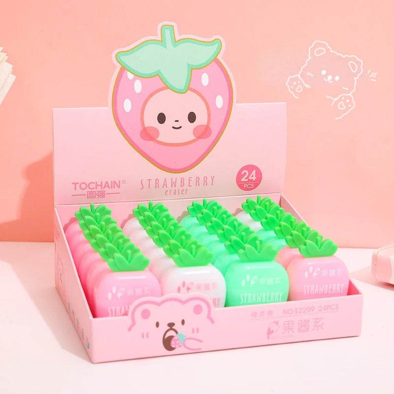 3 pcs/lot Sweet Strawberry Rubber Eraser School Supplies Stationery Kids Students Cool Prizes Cute Erasers - AIAZ