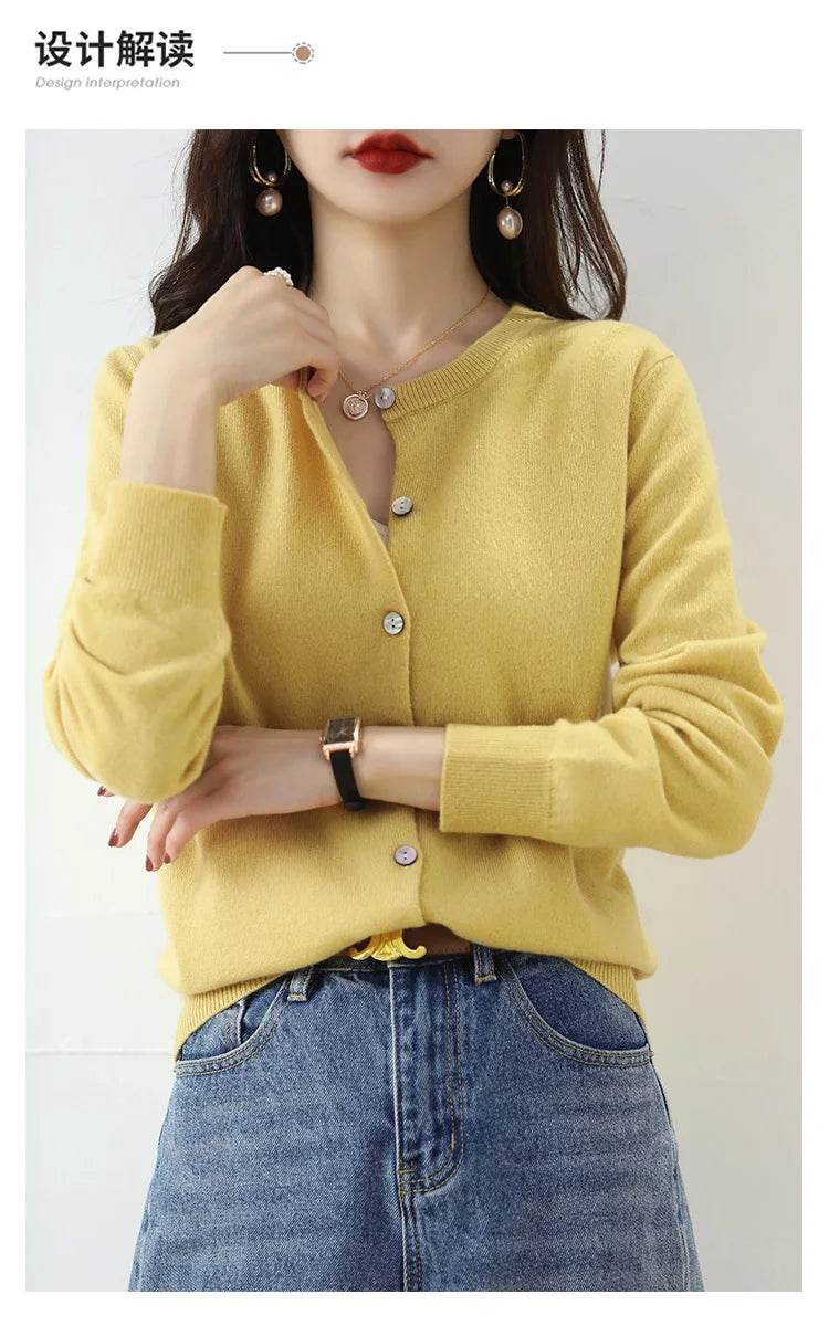 Knitted Cardigan Women's Sweater Autumn And Winter 2022 New Solid Color Coat Round Neck Short Long Sleeve Loose Korean Fashion - AIAZ