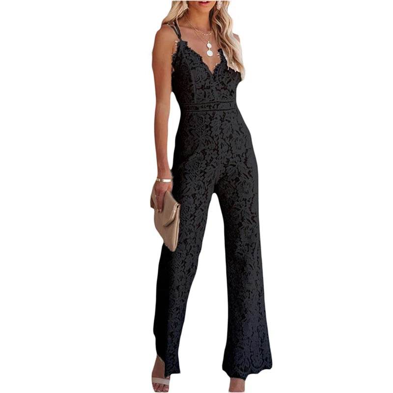 Women's Clothing Elegant Jumpsuit, Spaghetti Straps V Neck Solid Color Lace Open Back Wide-leg Jumpsuits Long Playsuit - AIAZ