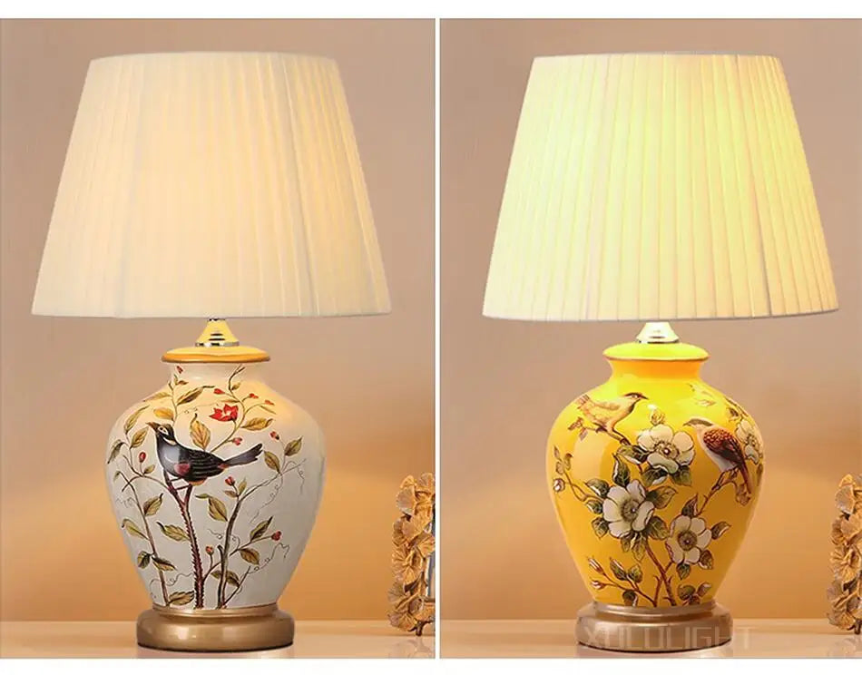 European Style Ceramic Desk Lamp Flower And Bird Painted Decorative Table Lamp Bedroom Room Bedside Table Lamp Lighting Fixture