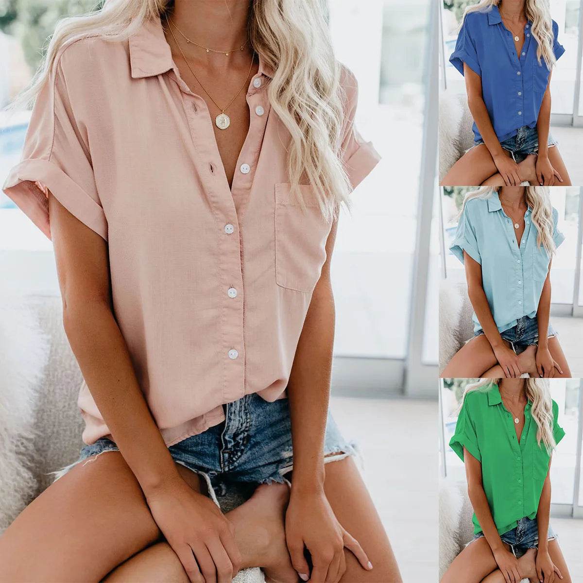 Women Elegant Solid Blouse and Shirt Summer Short Sleeve Turn Down Collar Loose Tunics Luxury Chic Blouse Streetwear Tops 2023 - AIAZ