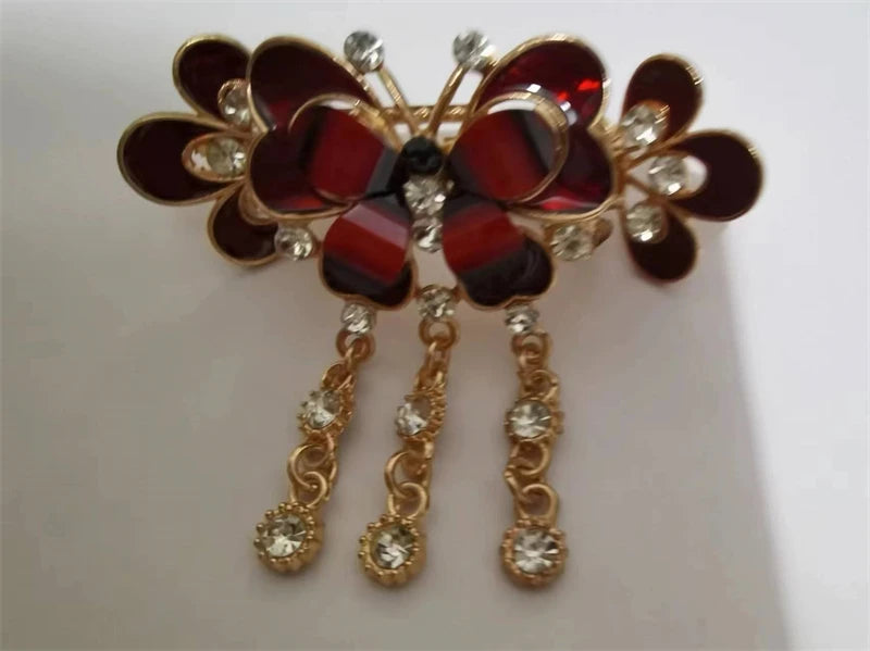 Red Crystal Flower Bow Spring Hairpin Vintage Ink Blue Rhinestone Horizontal Clip Top Clip Elegant Mom Fashion Hairpin Korean
