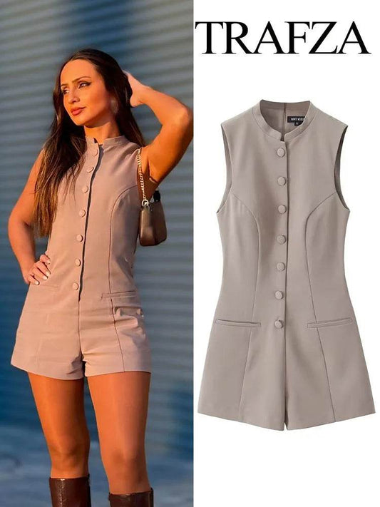 TRAFZA Women Fashion Sleeveless O Neck Slim High Waist Jumpsuits Woman Casual Summer Solid Elegant Single breasted Playsuits - AIAZ