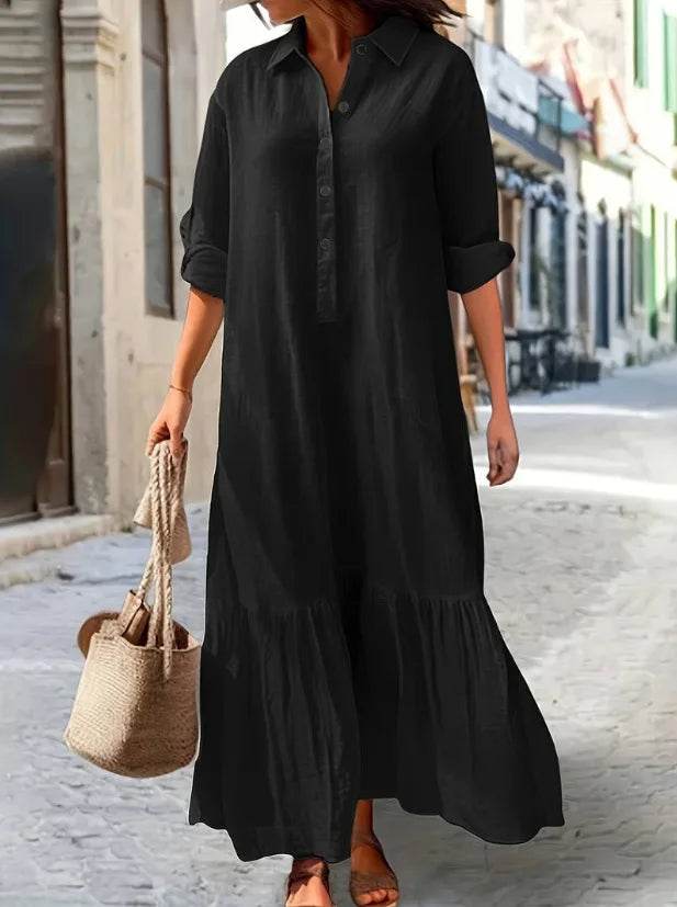 2025 Women's Linen Shirt Dress - Asymmetrical Hem Button Down Casual Dress - AIAZ