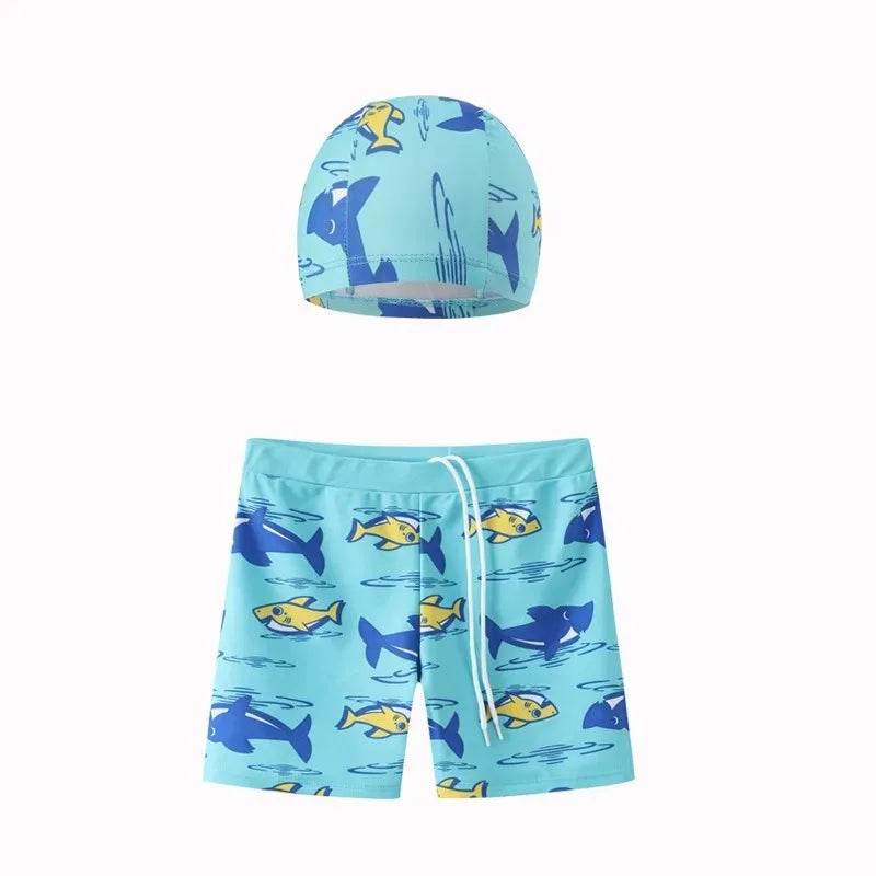 2-piece Set of Summer Children's Swim Trunks Swim Caps Boys' Swimwear Quick Drying Shorts Cartoon Print Beach Swimwear Ages 4-16 - AIAZ