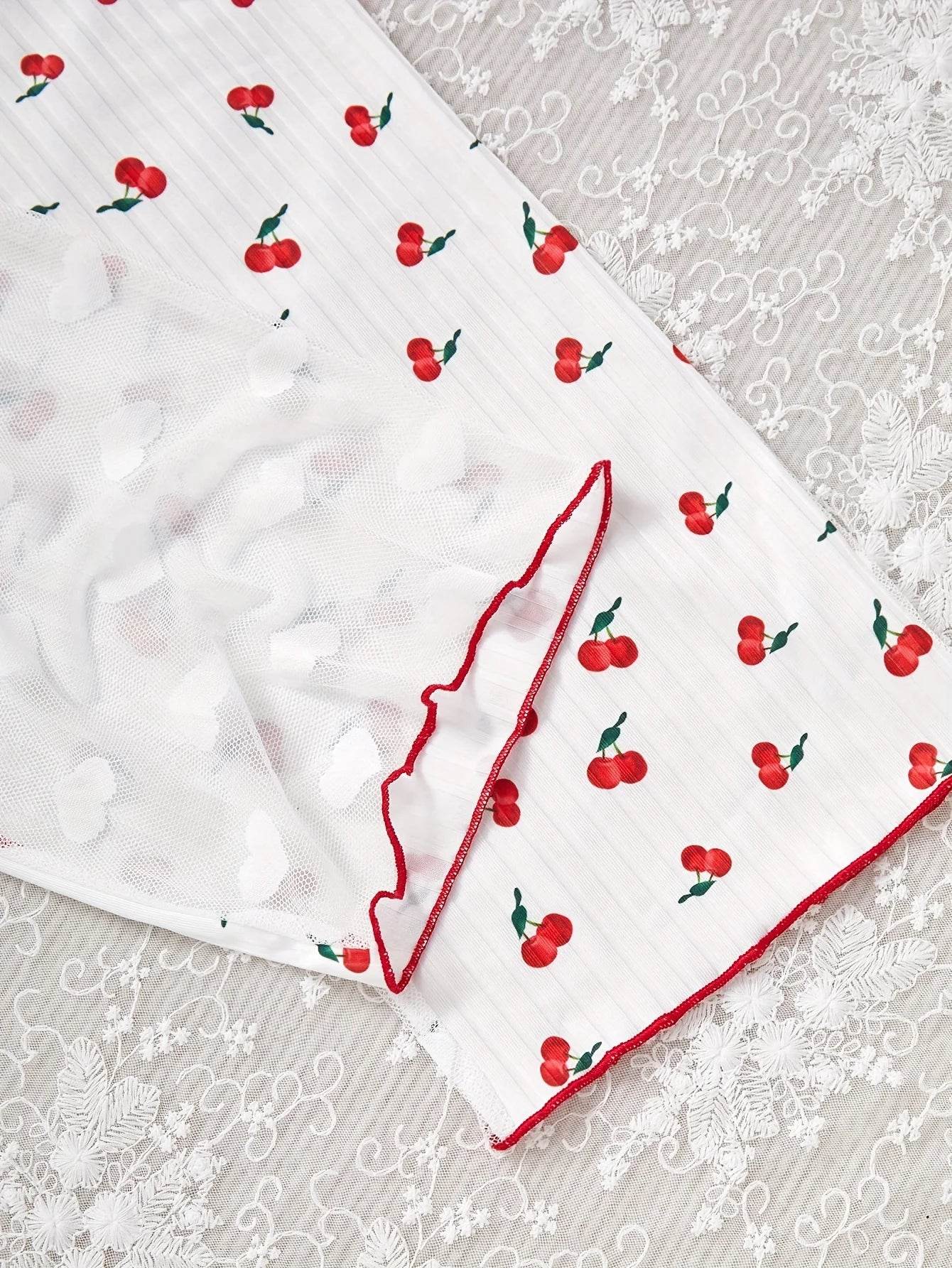 Women's Pajamas Set V-Neck Sleeveless Camisole Vest Cherry Printed Knitted Splicing Mesh Pants Sexy Home Pijama 2 Piece Woman - AIAZ