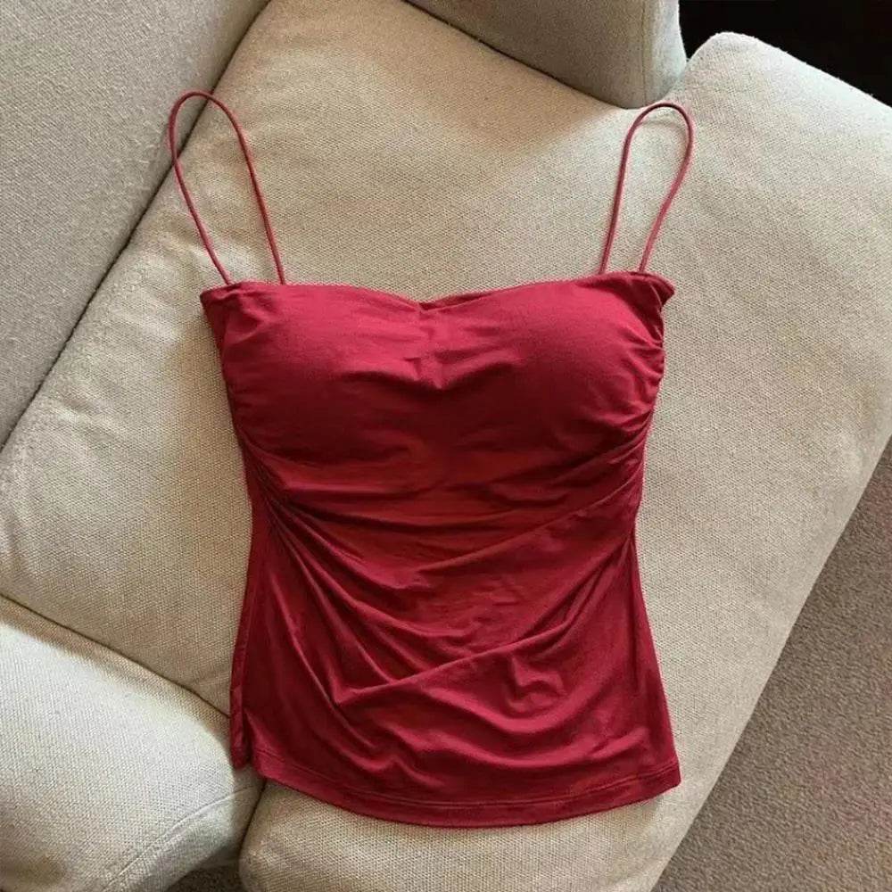 Summer Camisoles Tank Tops Women With Built In Bra Spaghetti Strap Tanks Vest Sleeveless Tees Cropped Top Solid Color Casual Top - AIAZ