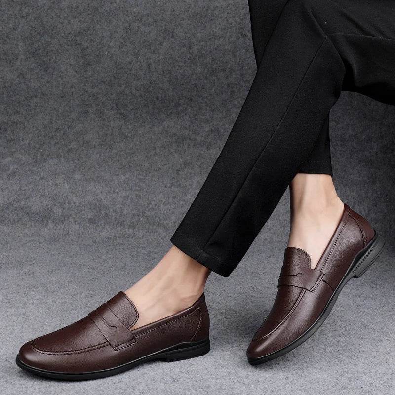 Classics Men's Brown Business Officially Shoes Leather Wedding Party Shoes for Men Quality Loafers Genuine Leather Pointed Shoes - AIAZ