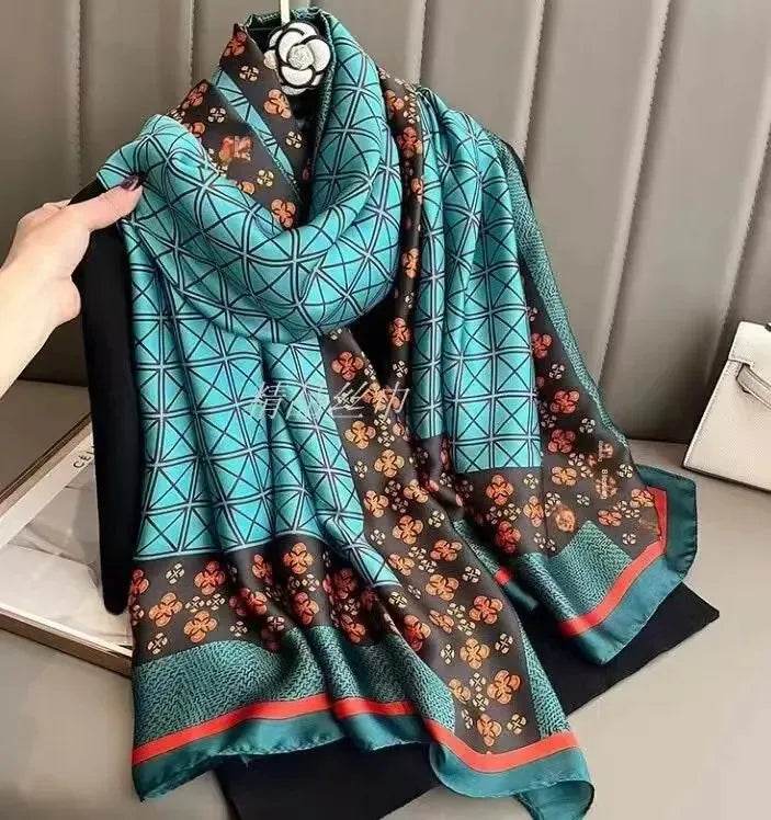 New Summer Women's Silk Scarf Sun Protection Satin Print Extra Long Beach Cover Up Decorative Mom's Shawl Fashionable Accessory - AIAZ