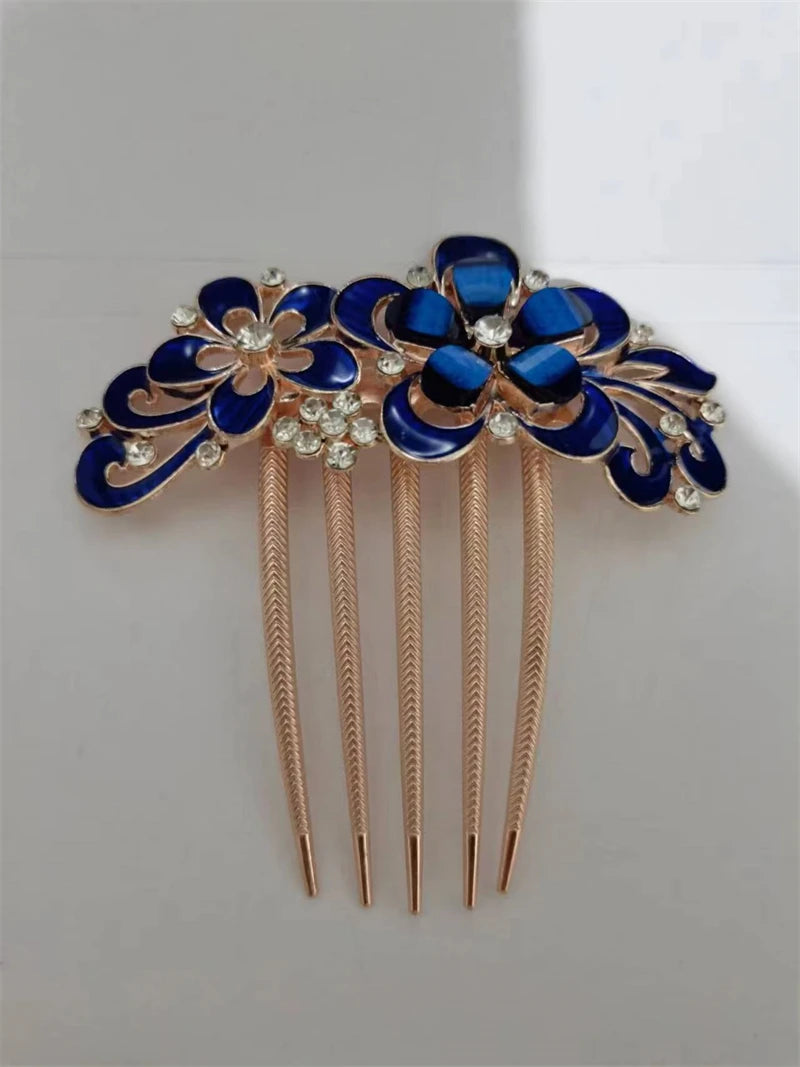 Red Crystal Flower Bow Spring Hairpin Vintage Ink Blue Rhinestone Horizontal Clip Top Clip Elegant Mom Fashion Hairpin Korean