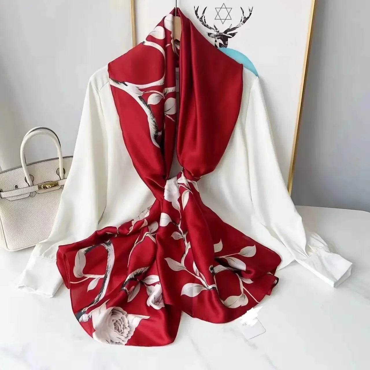 New Summer Women's Silk Scarf Sun Protection Satin Print Extra Long Beach Cover Up Decorative Mom's Shawl Fashionable Accessory - AIAZ