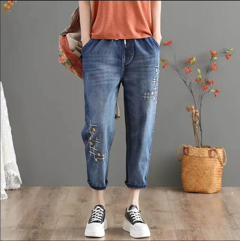 Womens Vintage Floral Loose Denim Pants 2025 Spring Chinese Style Casual Ripped Blue Jeans Holes Elastic Harem Trousers - AIAZ