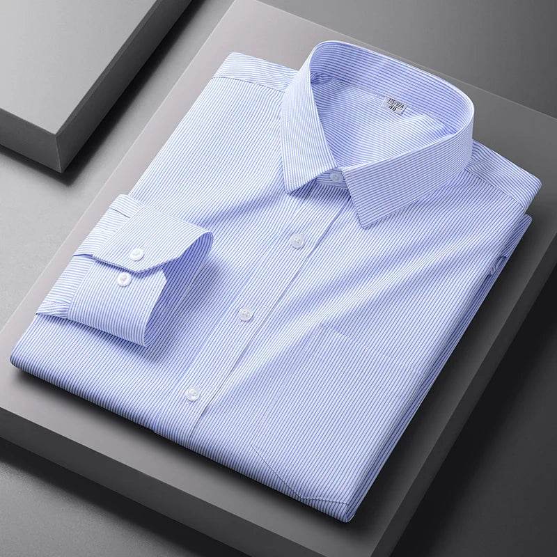 Men Formal Shirt Long Sleeve Office Solid Color Striped Anti-Wrinkle Fashion Business Pocket White Social Pocket Shirt S-4XL - AIAZ