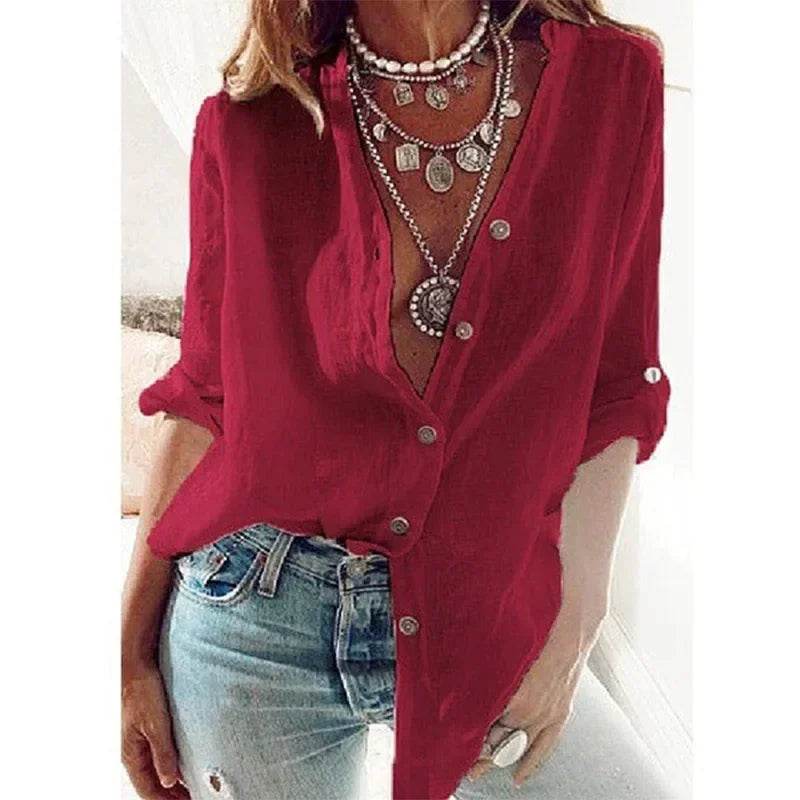 Summer Women's Cotton Linen Shirt Fashion Solid Color Casual Loose Button V-Neck Long Sleeve Top Commuter Wear - AIAZ