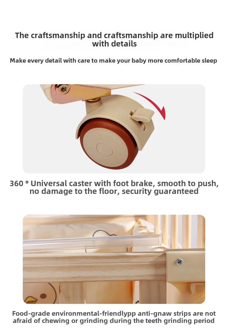 Crib Solid wood newborn baby cradle Multifunctional paint-free movable children's splicing bed air mattress 103 cm long