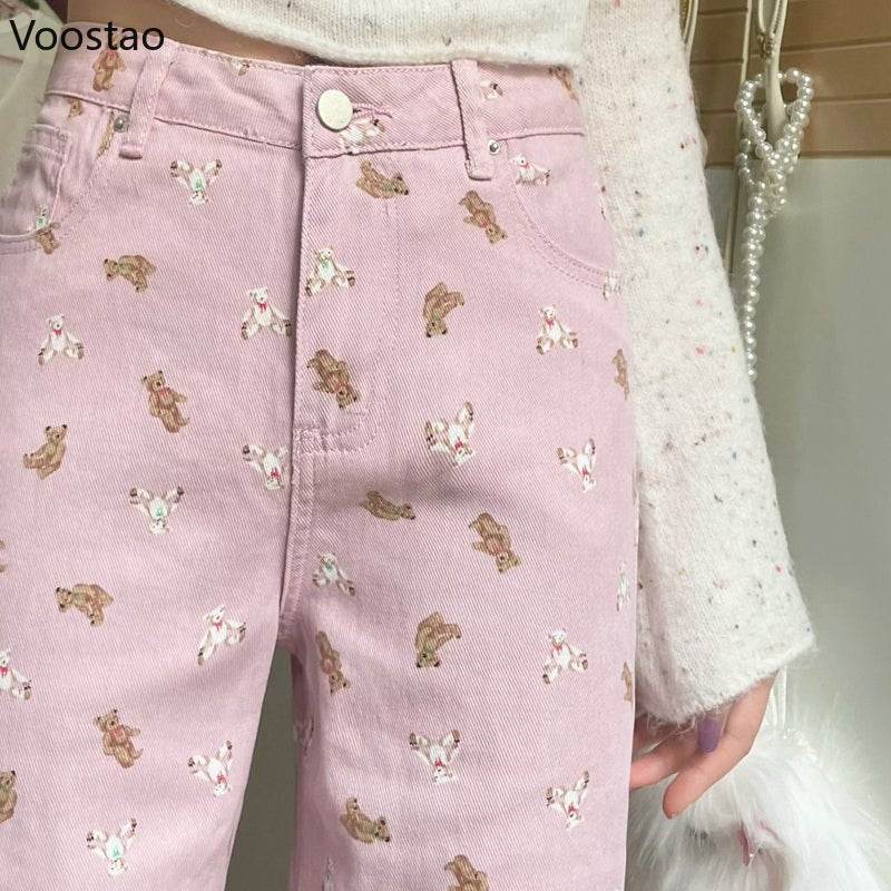 Pink Jeans Women Sweet Cute Cartoon Bear Print High Waist Wide Leg Pants Vintage Girls Casual Y2k Aesthetic Loose Denim Trousers - AIAZ