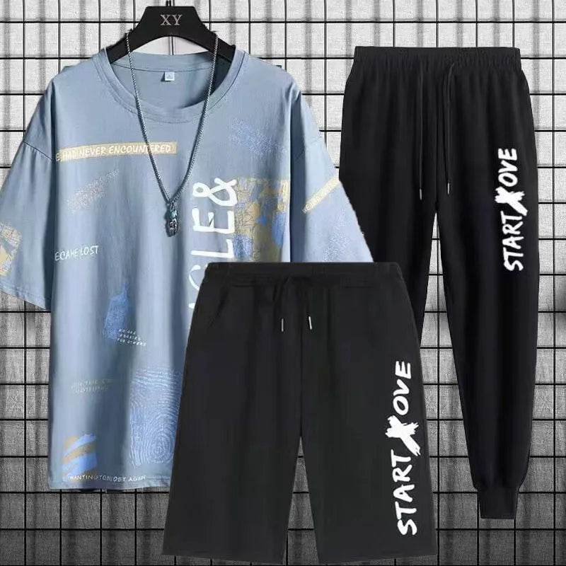 Trendy short-sleeved t-shirt youth quick-drying sports shorts three-piece summer men's casual thin student suit - AIAZ