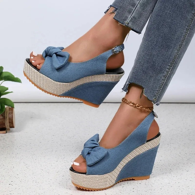 Fashion Bowknot Wedge Heel Sandals for Women Denim Peep Toe Chunky Platform Sandalias Mujer Back Strap High Heel Gladiator Shoes