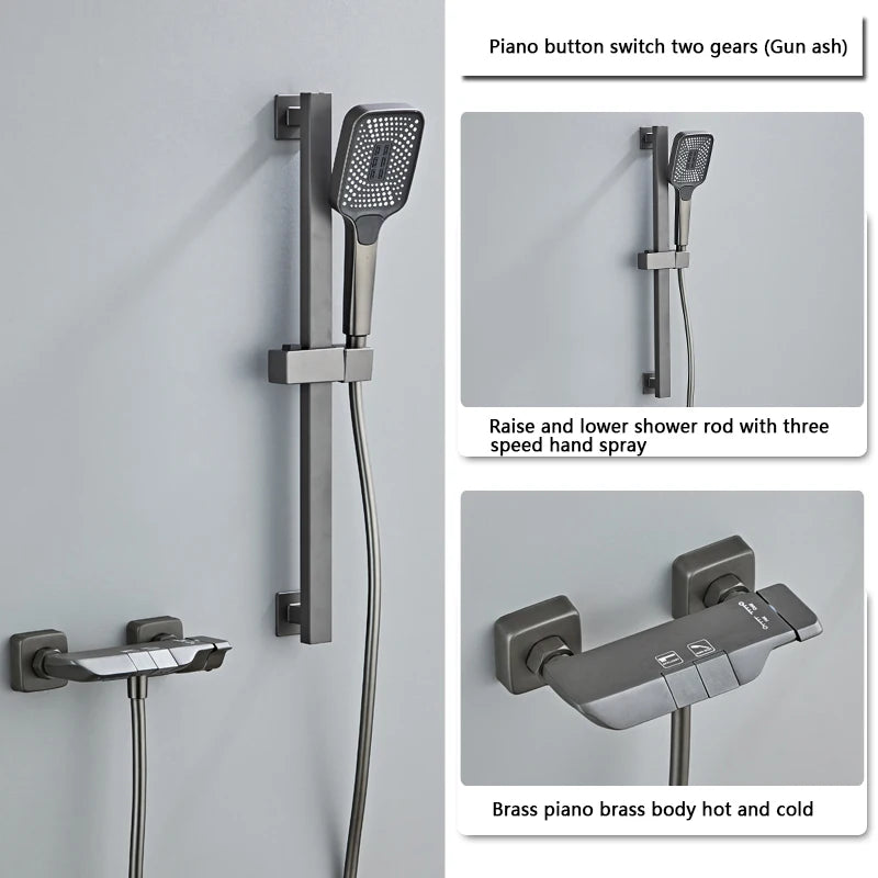 New Design Gun Grey Bathroom Shower System Set Piano Keys Brass LED Digital Shower Faucet Bath Hot and Cold Mixer Shower Tap Set