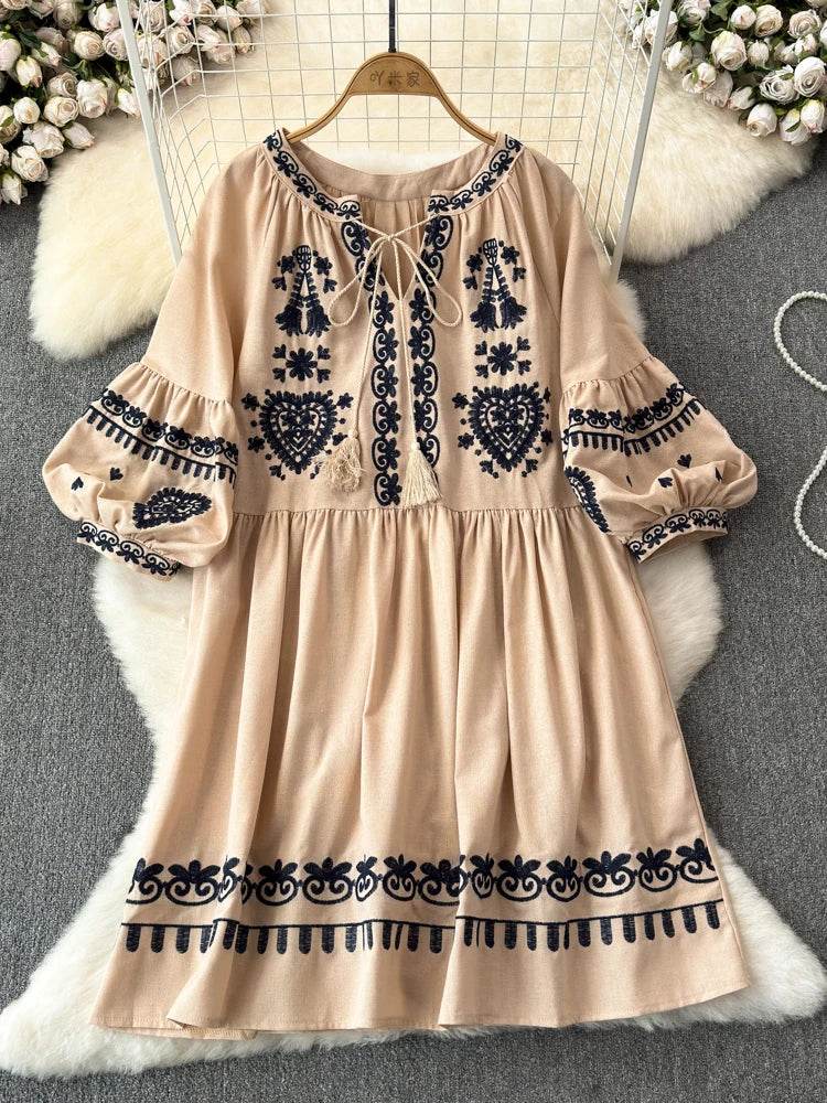 Women's Spring Summer Dress Bohemian Retro Ethnic Style Diamond Cotton Linen Blend Embroidered Lantern Sleeves Mini Dress A20 - AIAZ