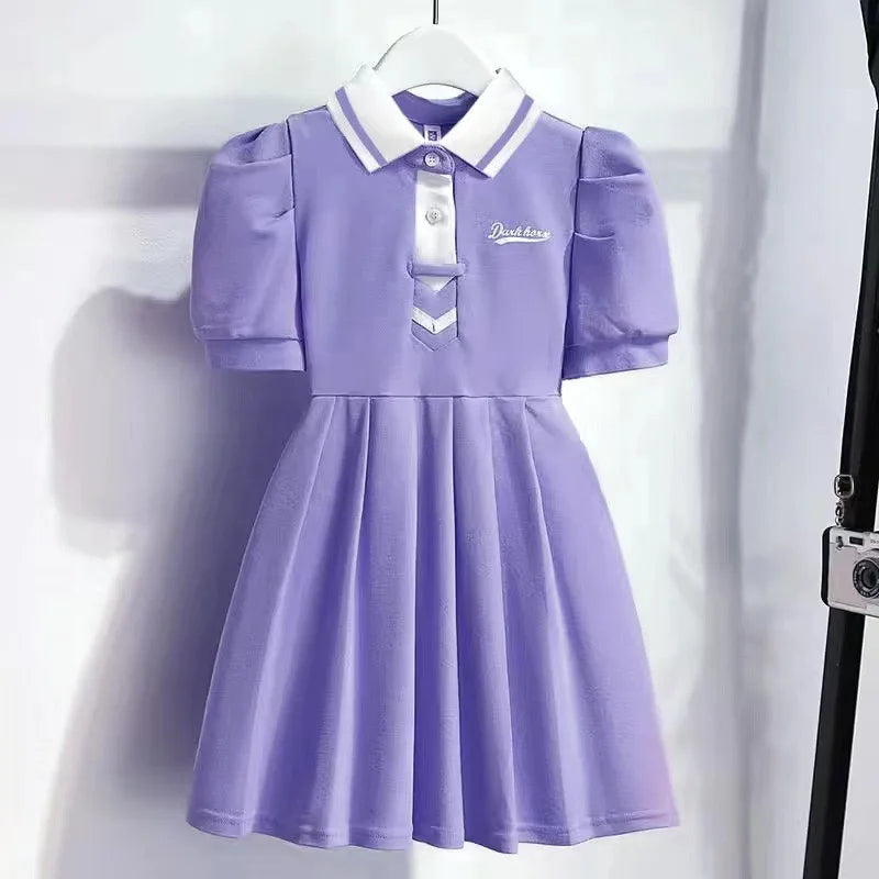 1pcs Summer Children's Dress Girl's Korean Edition Short Sleeves Flip Collar Skirts Pupil Student's Sweet Princess Fashion Dress