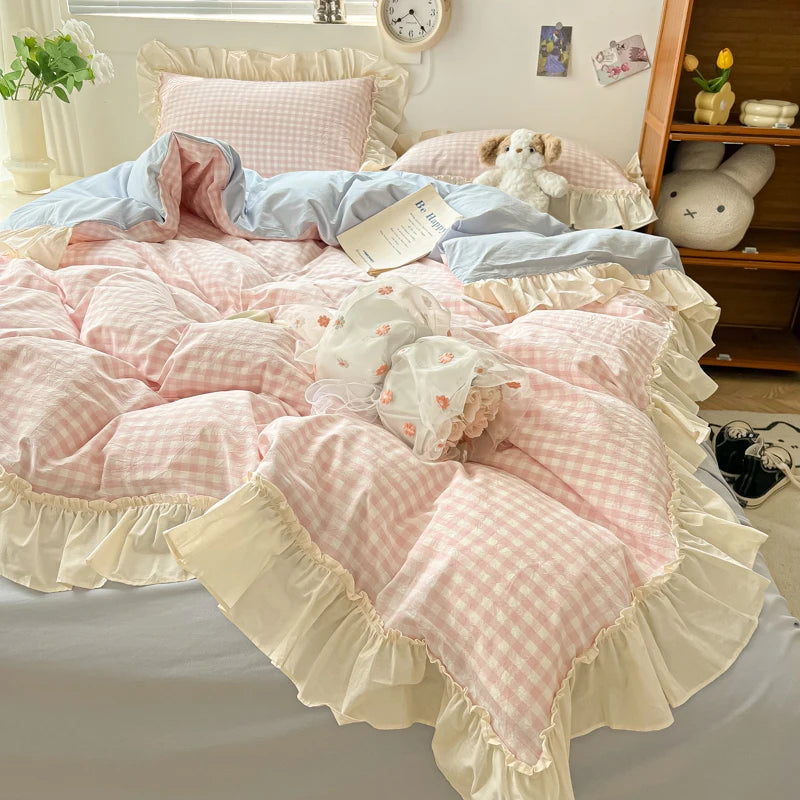 Korean Princess Style Bedding Set Soft Skin-friendly Lattice Lace Ruffles Quilt Cover Plaid Style Duvet Covers Set Pillowcases