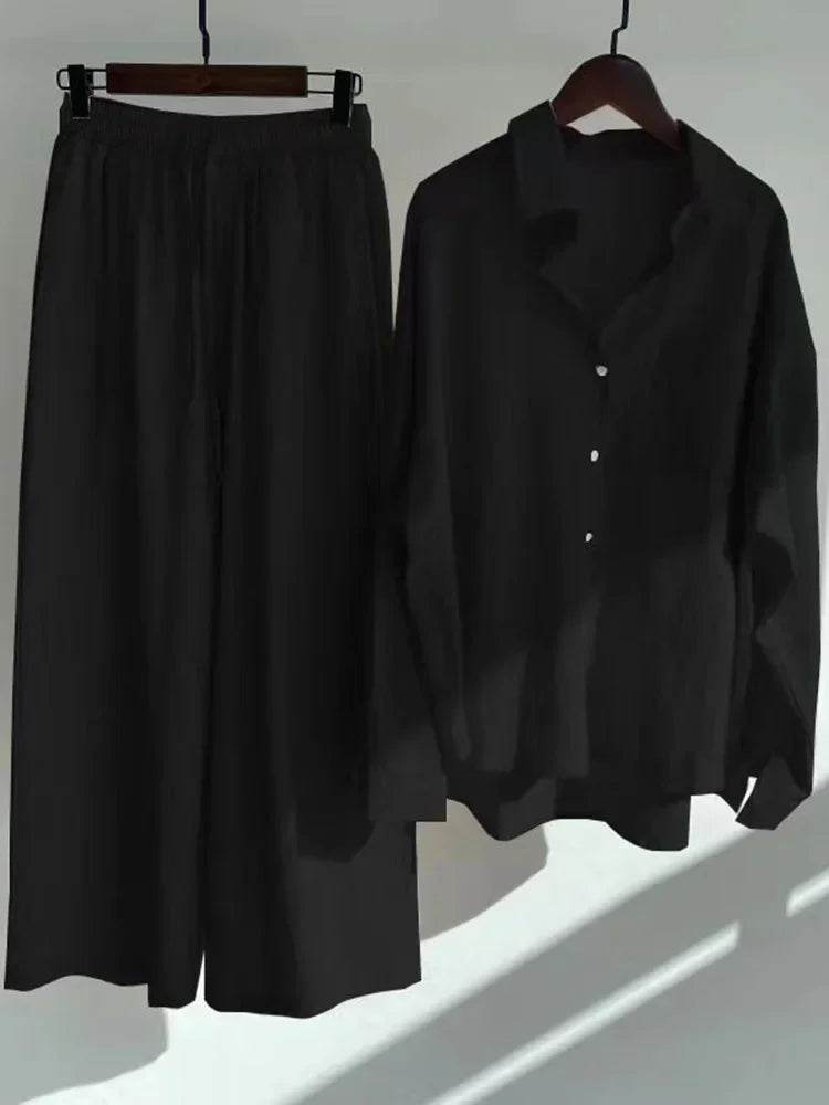 Pants Set Women Shirts Wide Leg Elastic Waist Cotton Linen Casual Sets Elegant Loose Long Sleeve Lapel Spring Shirt Y2k Suit - AIAZ
