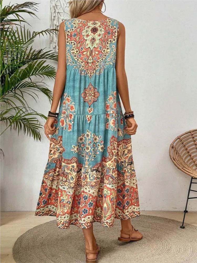 Women Vintage Print Sleeveless O-neck Vest Long Dresses 2025 Summer Fashion New Beach Vacation A-line Dress Woman Loose Dress - AIAZ