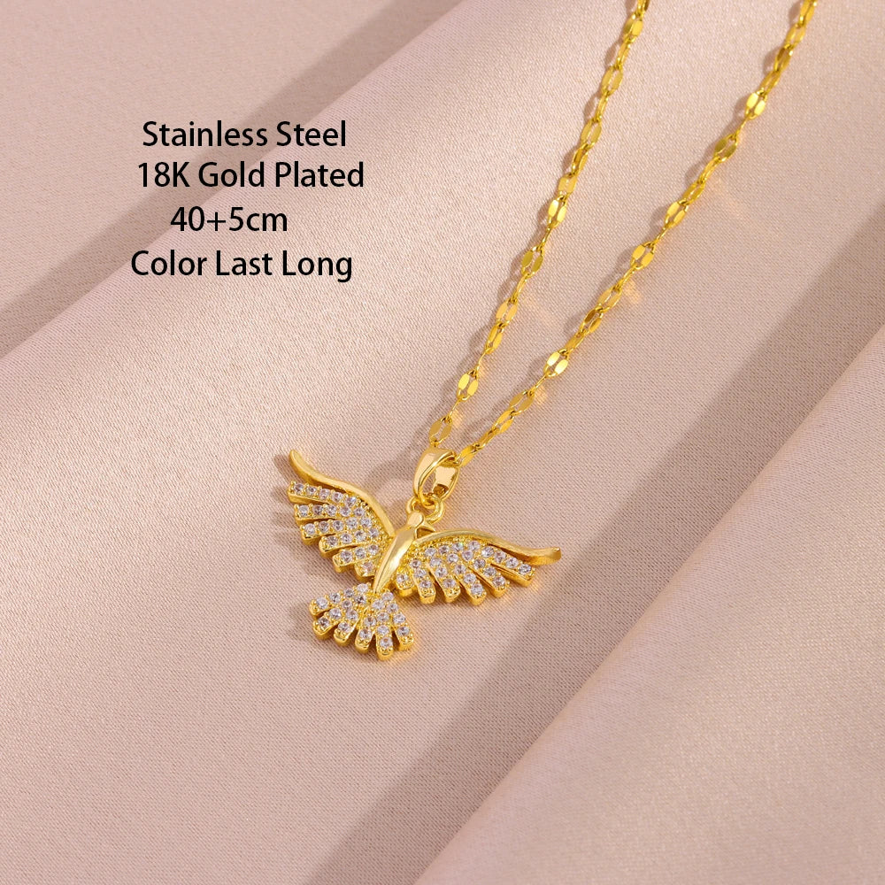 New Sparkly 18K Gold Plated Vintage Phoenix Pendant Necklaces For Women Retro Style Female Daily Wear Stainless Steel Neck Chain