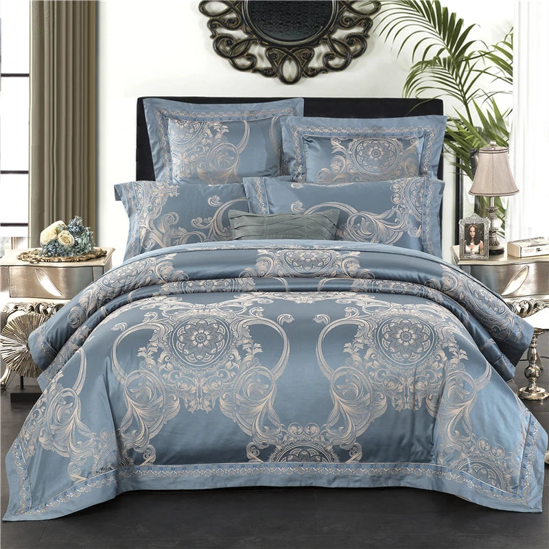 Sliver Gold Luxury Silk Satin Jacquard duvet cover bedding set queen king size Embroidery bed set bed sheet/Fitted sheet set