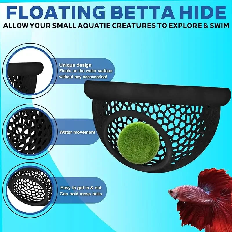 Aquarium Floating Cave Fish Shrimp Hideout Shelter 3-in-1 Hammock Feeding Ring & Resting Spot for Betta Small Aquatic Pets