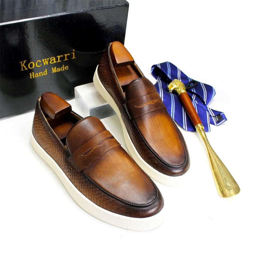 Handmade Genuine Leather Men's Loafers Red Crocodile Pattern Penny Slip-On Dress Flats for Office Wedding Party