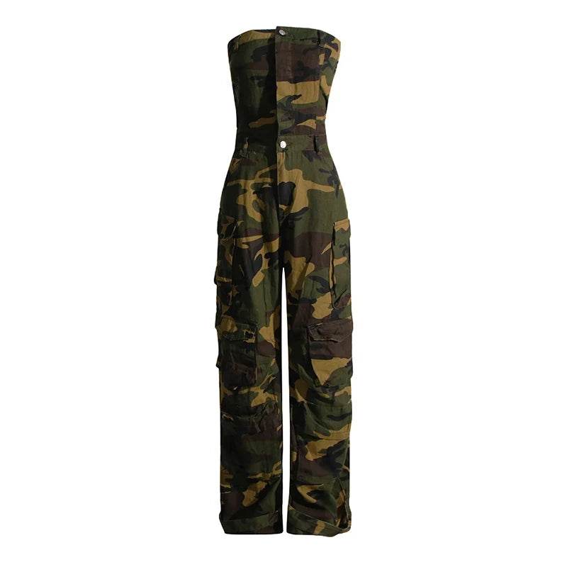 REDDACHiC Camouflage Button Front Denim Tube Jumpsuit Women Retro Y2k Function Pockets Sleeveless One-piece Overalls Work Wear - AIAZ