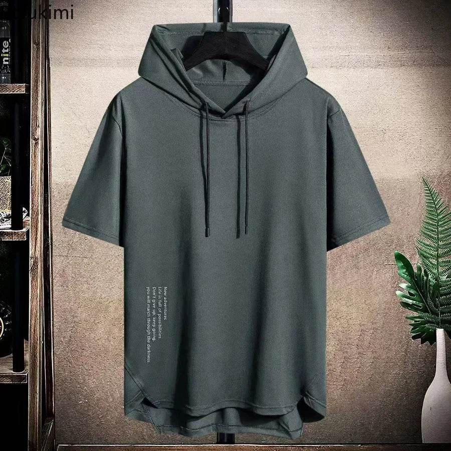 2025 Men's Summer Hoodies T-shirts Short Sleeve Solid Color Loose Hooded Drawstring Pullover Tops Basic Tees for Daily Wear Male - AIAZ