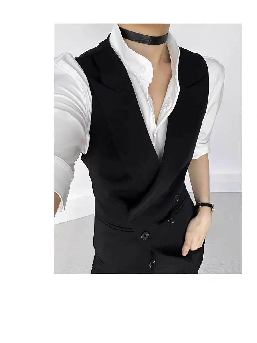 Black suit vest, cool stylish, unisex, high-end, gun collar, slim fit vest for women tank top ropa de hombre sleeveless top - AIAZ