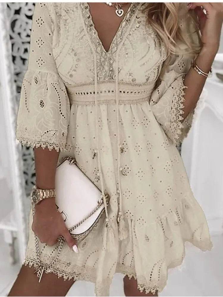 Elegant Women White Hollow Lace Mini Dress Summer V-neck Patchwork Lace Up Three Quarter Sleeve Ladies Vacation Beach Dresses - AIAZ