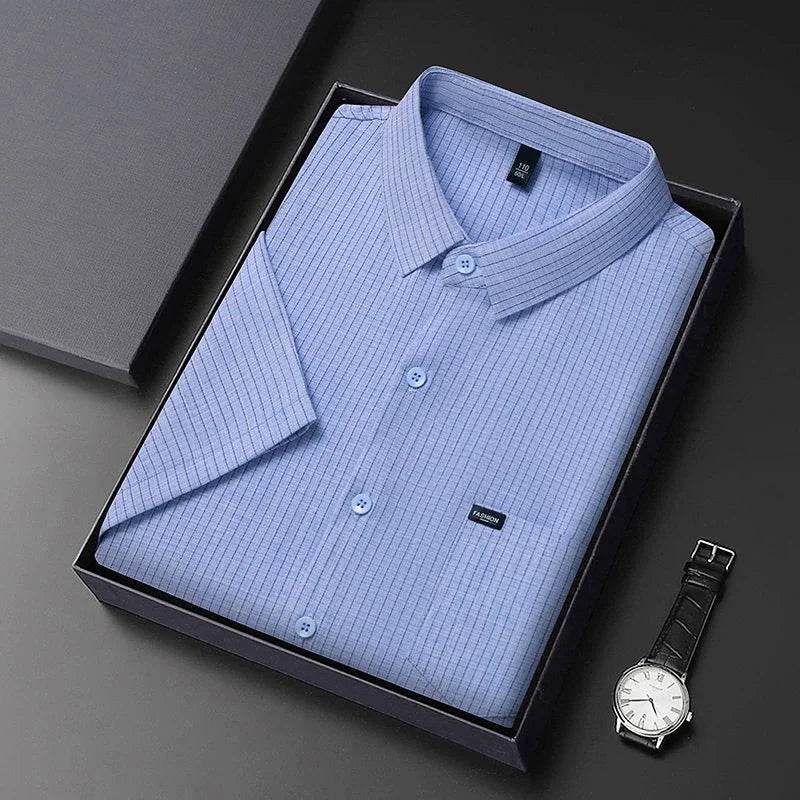 2025 Men's Business Casual Plaid Linen Short Sleeved Shirt Comfortable Top - AIAZ